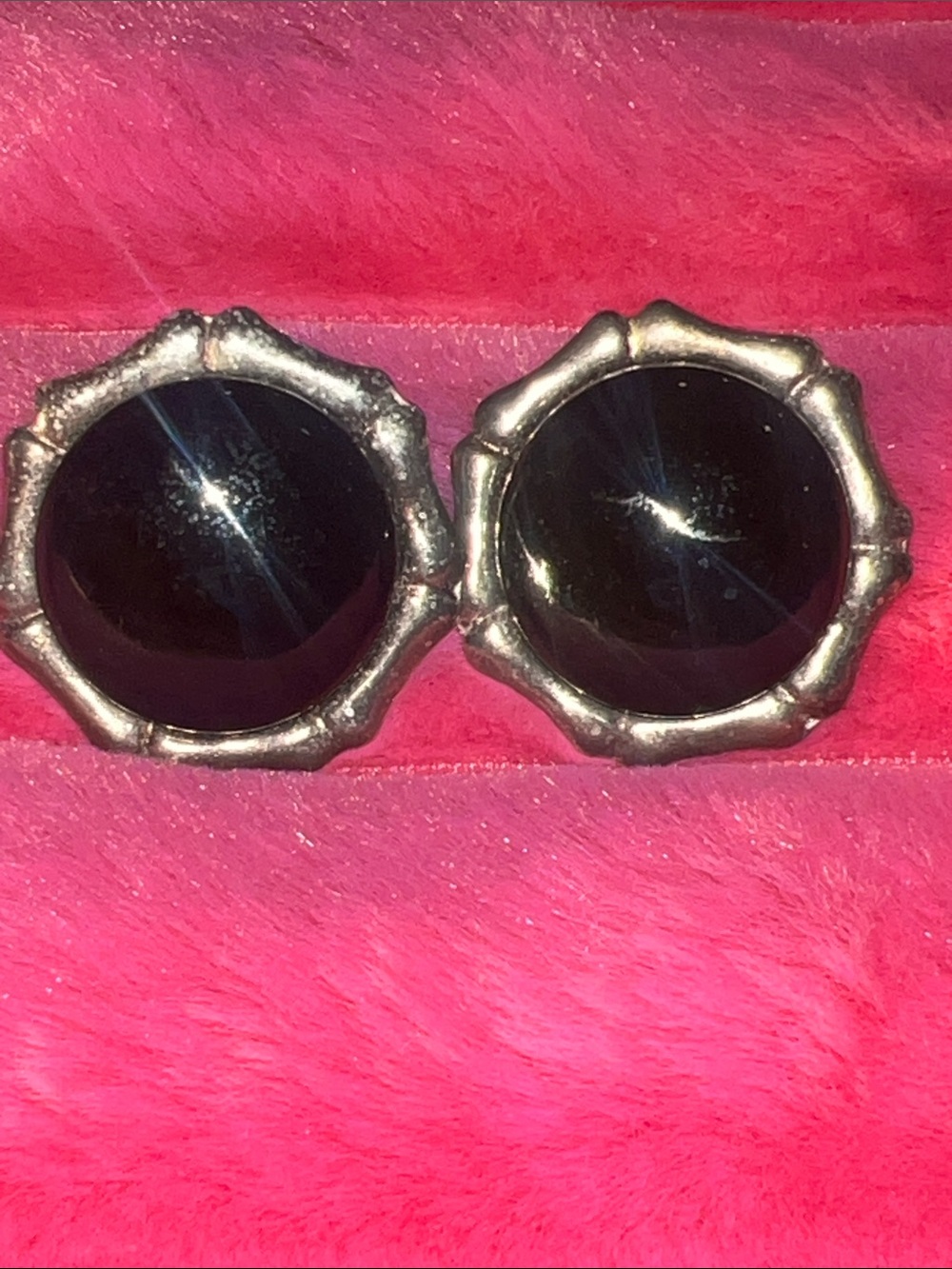 Sterling and black Cabochon earrings - round, vintage.